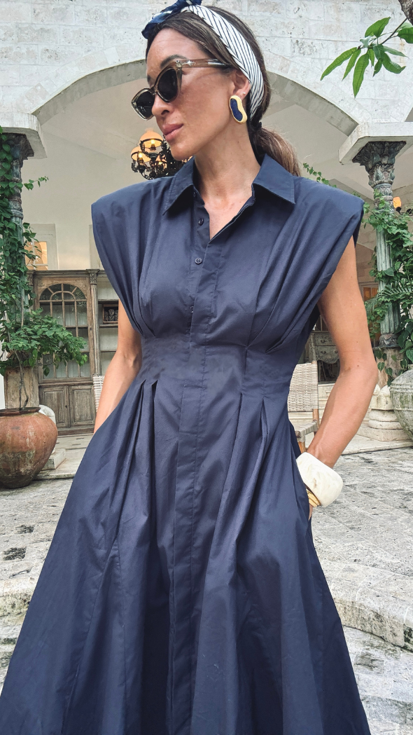 collared Artemis dress with a fitted bodice, collar and exaggerated sleeve with shoulder pads