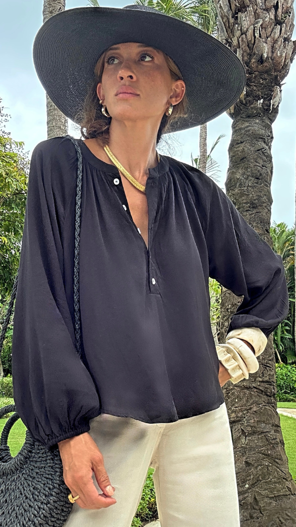 black relaxed fit Hemingway top with buttons, long sleeves with cuff