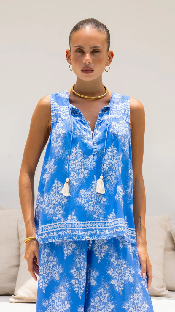marina blue floral top in our cardinal print