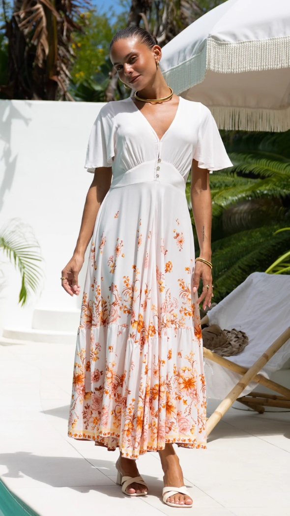 midi dress with butterfly sleeves and a-line fit with floral print