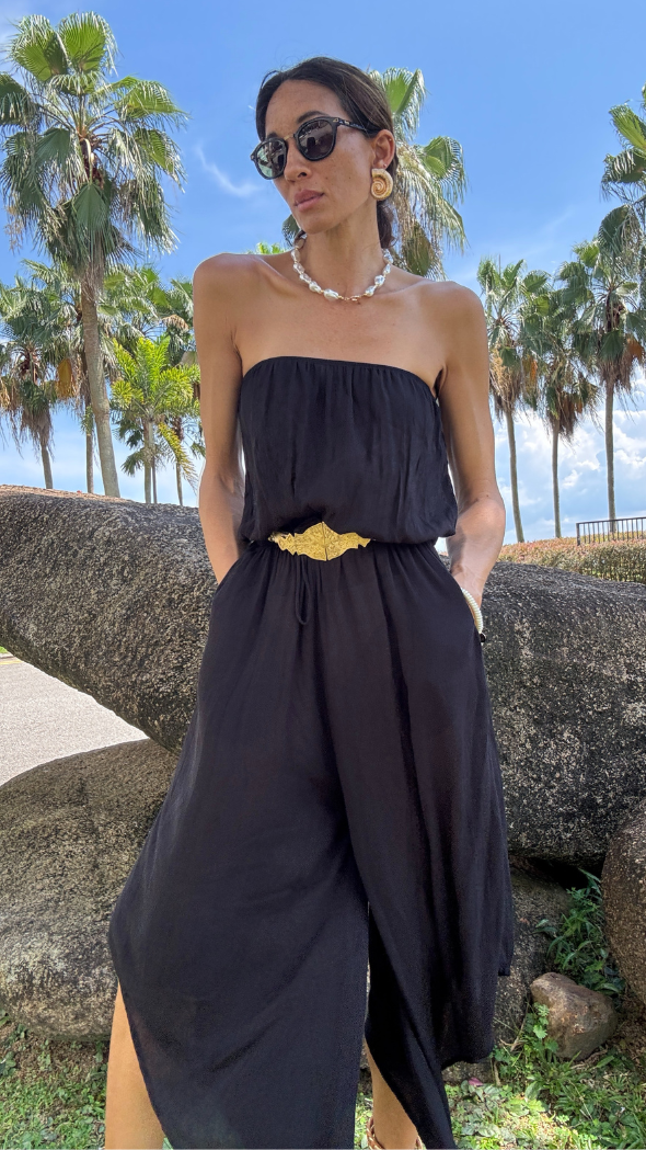 bandeau style Remo jumpsuit in black with wide leg bottoms and pockets