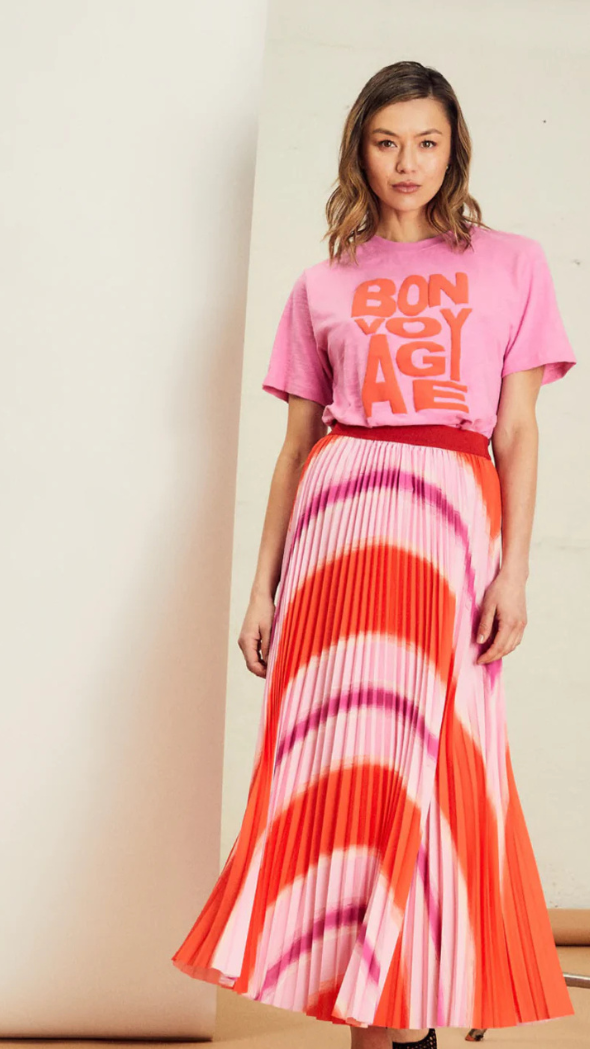 simone midi skirt with pleating design and orange and pink swirl print