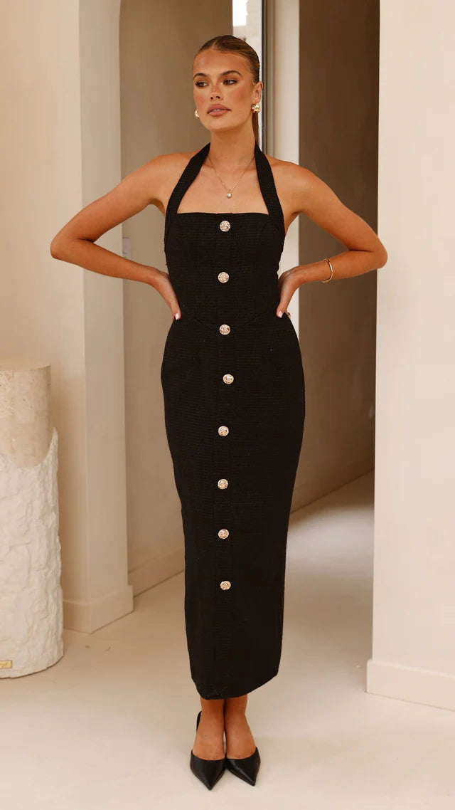 black Waldorf knitted halter maxi dress with corset style and button down front