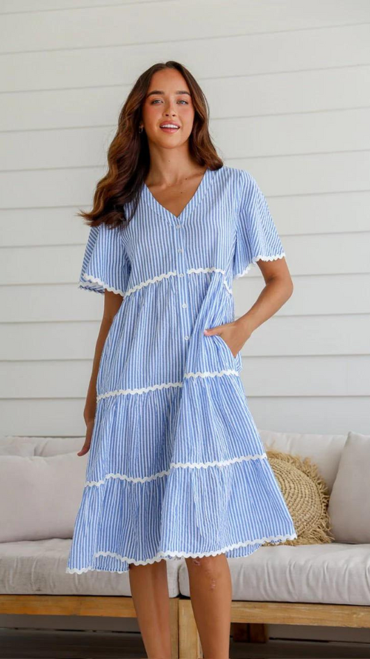 Rosalie Dress - Blue Stripe