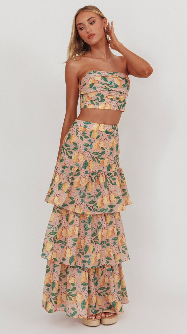 two piece bandeau and skirt set with lemons printed all over