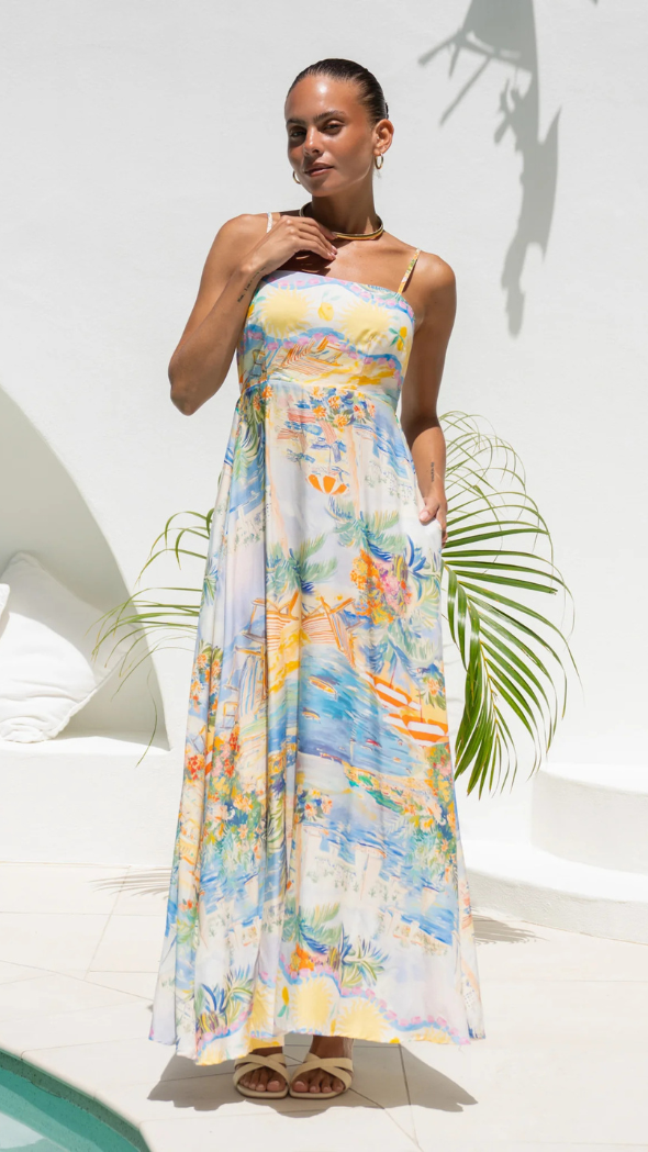 st tropez print mabel maxi dress with vibrant patterns, sleeveless, and tiered design